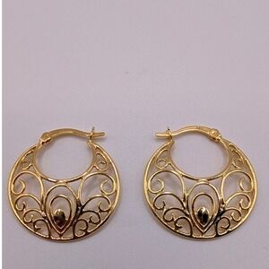 925 Sterling Silver Gold Vermeil Filigree Scroll Hoop Earrings Round Boho 3.36g